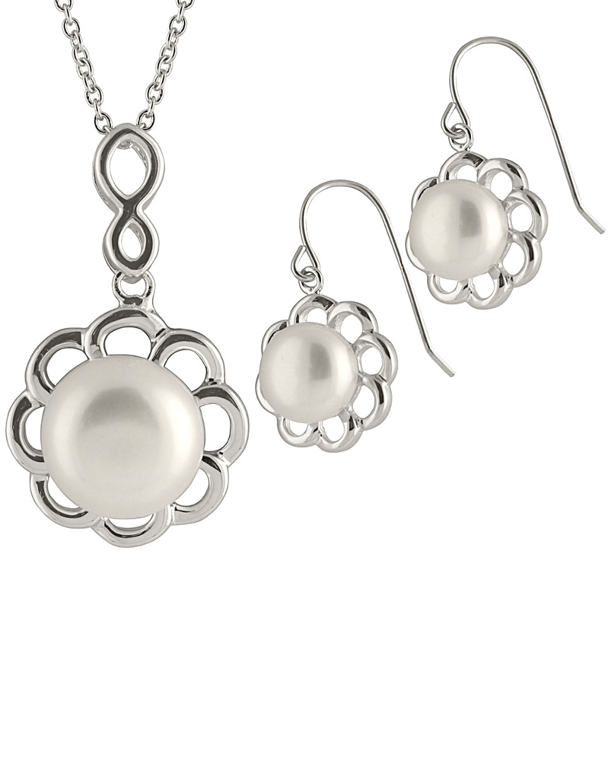 Splendid Pearls Rhodium Plated 9-11mm Pearl & Cz Necklace & Earrings Set