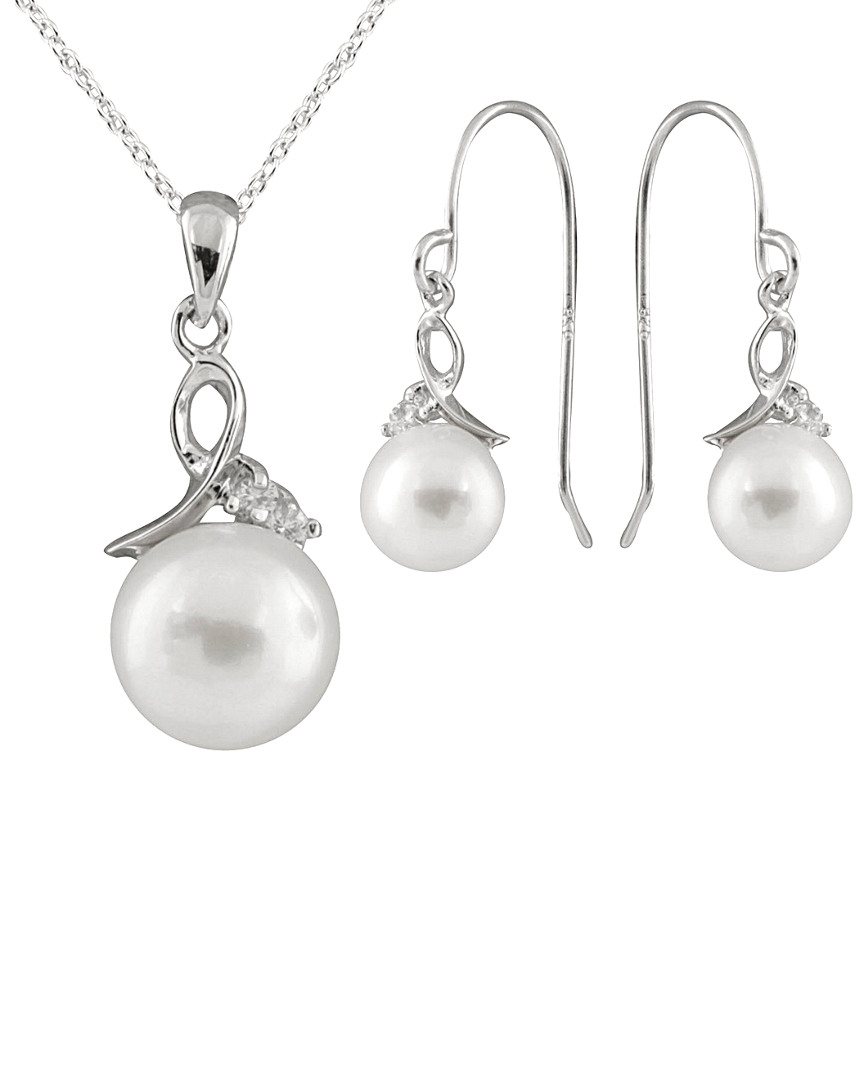 Splendid Pearls Rhodium Plated 7-7.5mm Pearl & Cz Necklace & Earrings Set