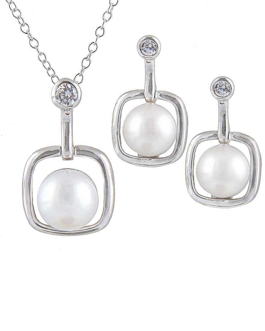 Splendid Pearls Rhodium Plated 6-8mm Pearl & Cz Necklace & Earrings Set