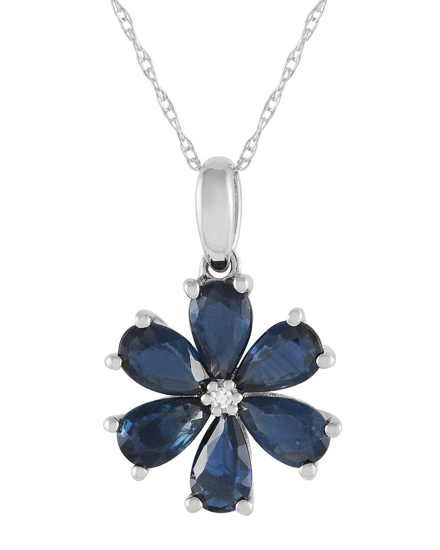 Gemstones 14k 0.01 Ct. Tw. Diamond & Sapphire Flower Pendant Necklace In Metallic
