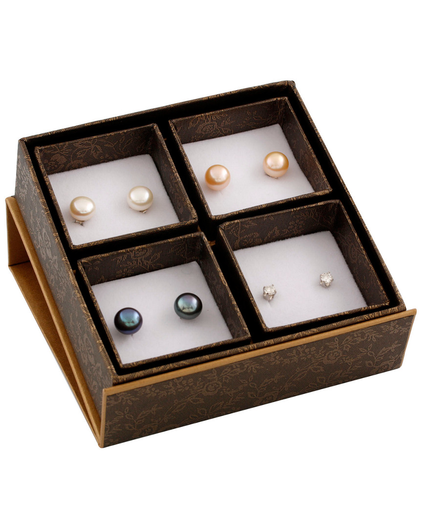 Splendid Pearls Silver 8-8.5mm Freshwater Pearl & Cz Earrings Set