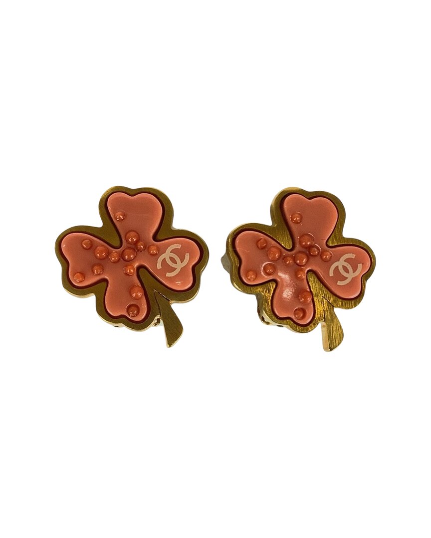 Chanel Plated Clover Coco Mark Gold Pink Earrings (authentic Pre-loved)