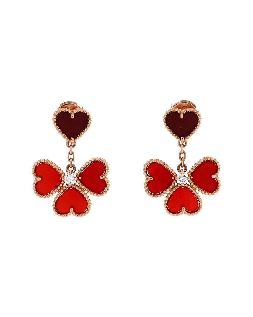 Van Cleef & Arpels 18k Rose Gold Sweet Alhambra Effeuillage Heart Earrings With Carnelian And Diamon In Red