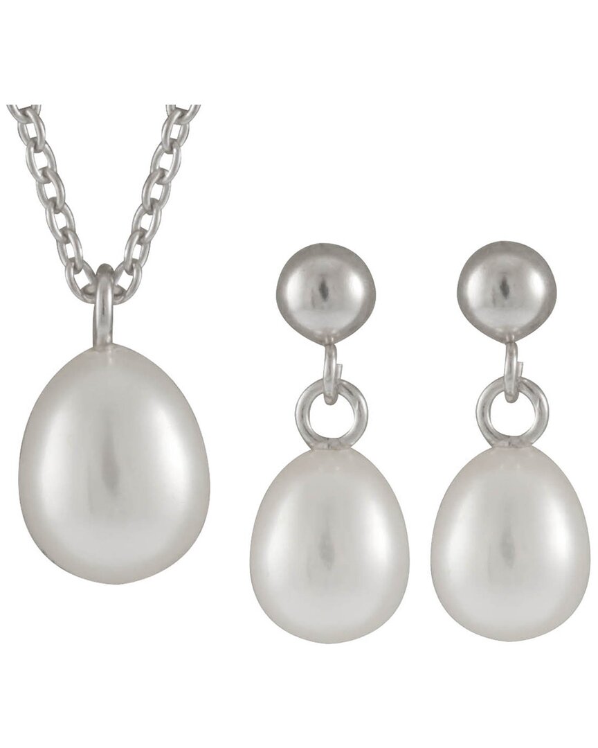 Splendid Pearls Rhodium Plated 6-6.5mm Pearl Cz Necklace & Earrings Set