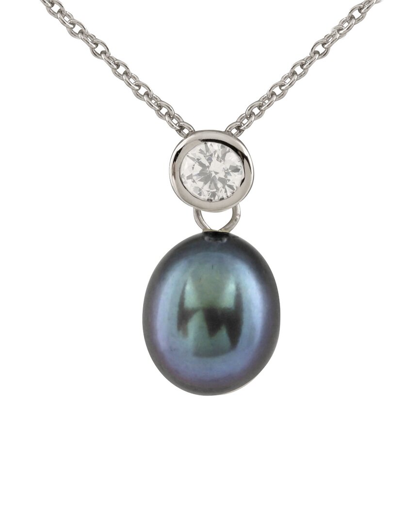 Splendid Pearls Rhodium Plated 7-8mm Pearl Cz Pendant Necklace