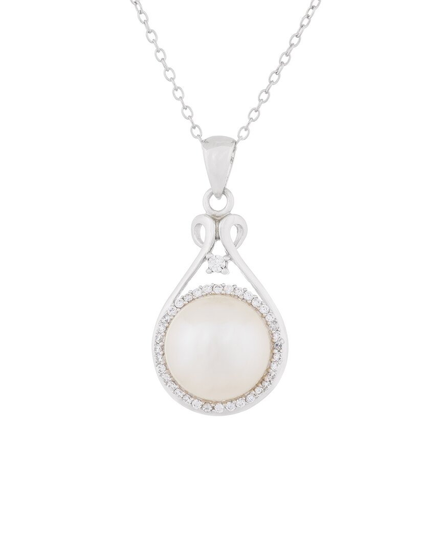Splendid Pearls Rhodium Plated 10-11mm Pearl Cz Pendant Necklace