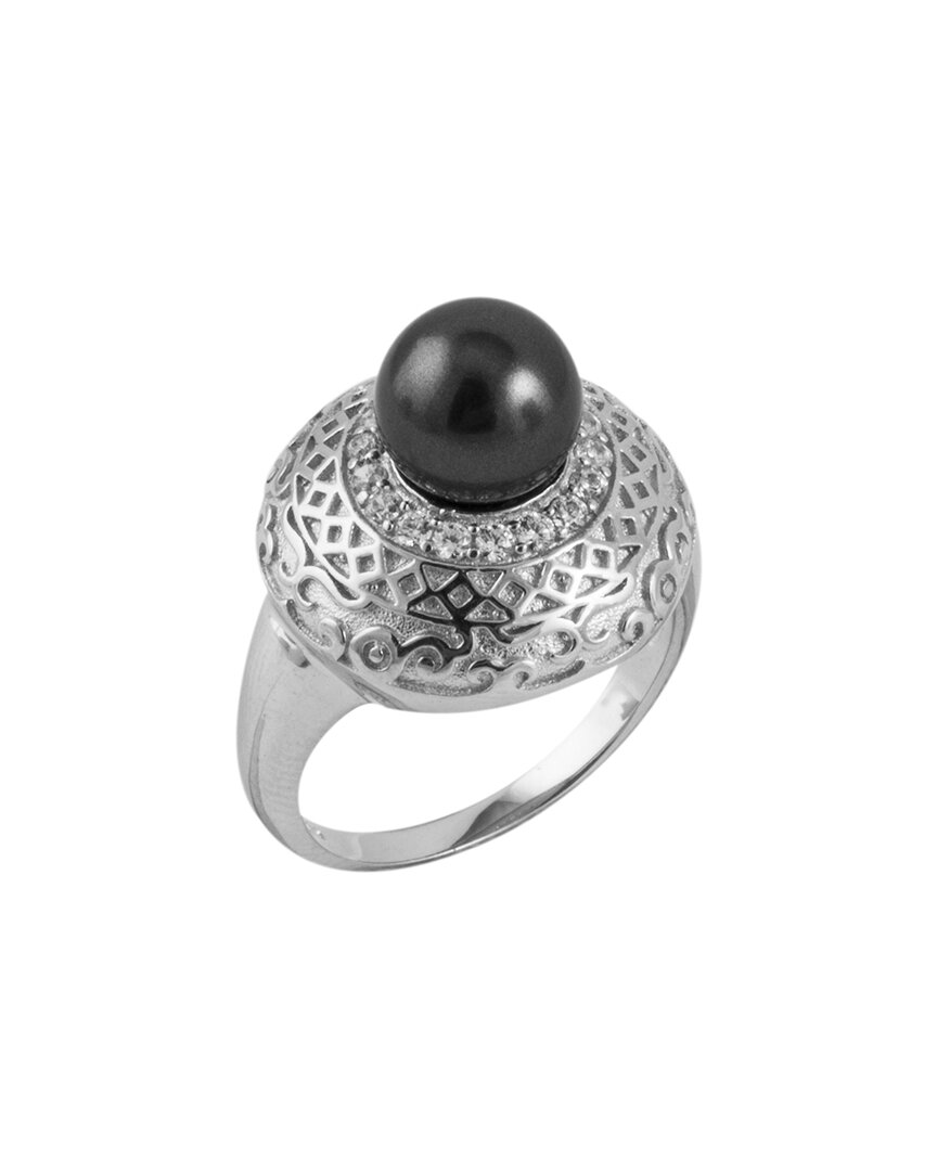 Splendid Pearls Rhodium Plated 8-8.5mm Pearl Cz Ring