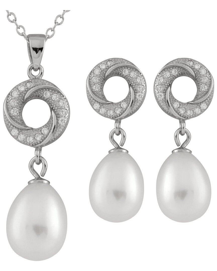 Splendid Pearls Rhodium Plated 7-9mm Pearl Cz Necklace & Earrings Set