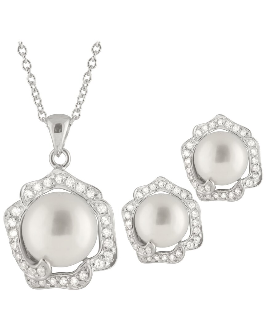 Splendid Pearls Rhodium Plated 9-10mm Pearl Cz Necklace & Earrings Set
