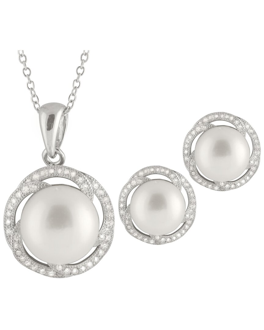 Splendid Pearls Rhodium Plated 8-12mm Pearl Cz Necklace & Earrings Set