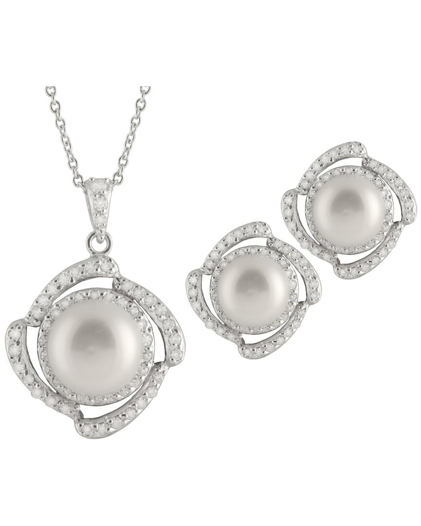 Splendid Pearls Rhodium Plated 9-11mm Pearl Cz Necklace & Earrings Set