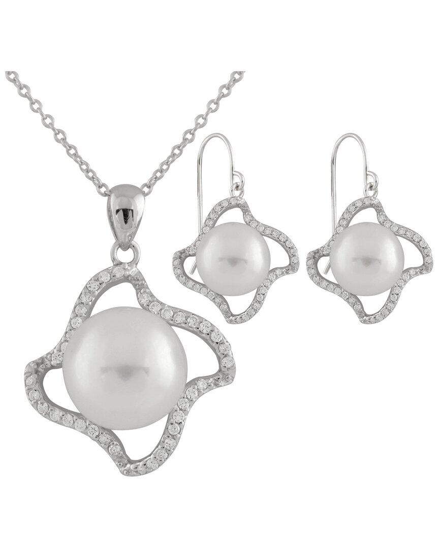 Splendid Pearls Rhodium Plated 9-13mm Pearl Cz Necklace & Earrings Set