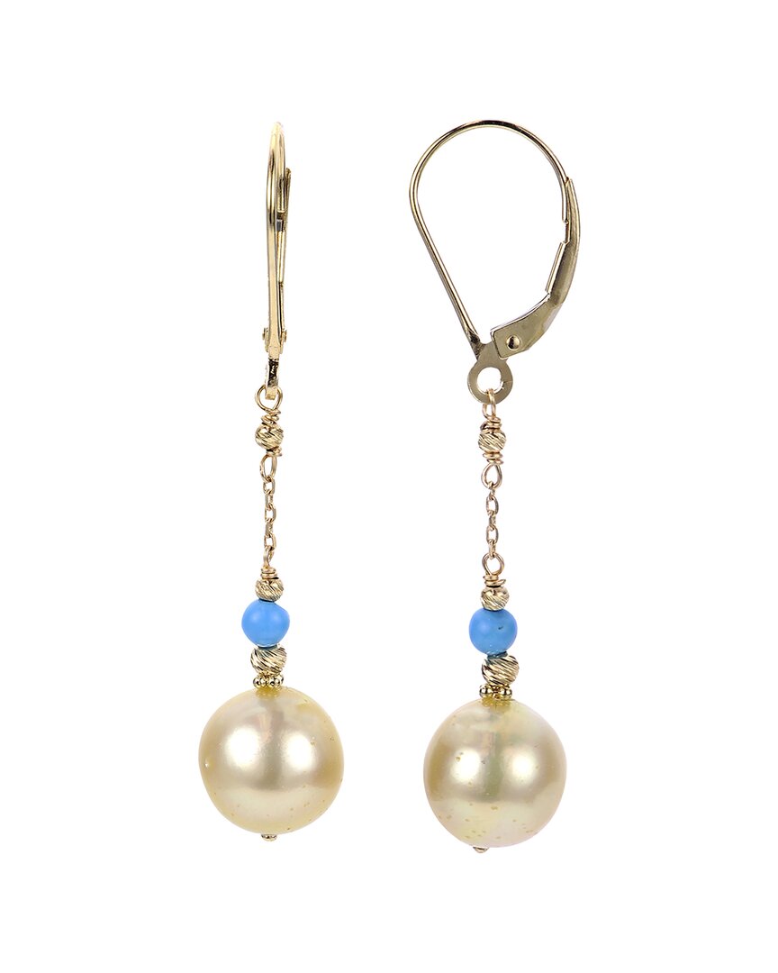 Pearls 14k 0.48 Ct. Tw. Turquoise 9-10mm Golden South Sea Pearl Earrings