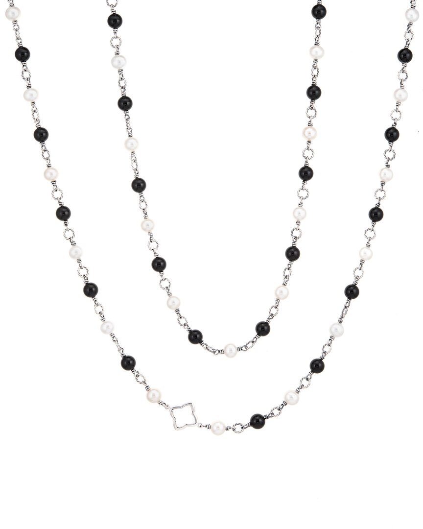 Shop David Yurman Bijoux Silver Onyx & 8mmmm Pearl Necklace (authentic )