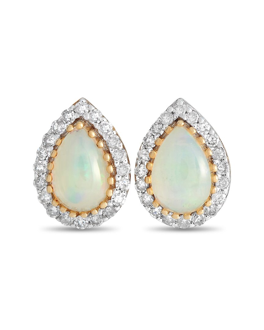 Gemstones 14k 0.17 Ct. Tw. Diamond & Opal Halo Studs In Metallic
