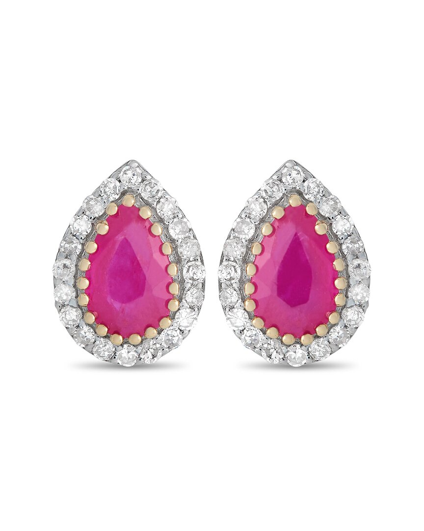 Gemstones 14k 0.17 Ct. Tw. Diamond & Ruby Halo Studs In Metallic