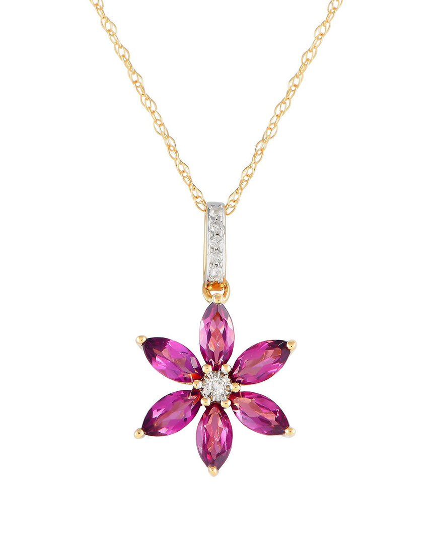 Gemstones 14k 0.01 Ct. Tw. Diamond & Rhodolite Flower Necklace In Gold