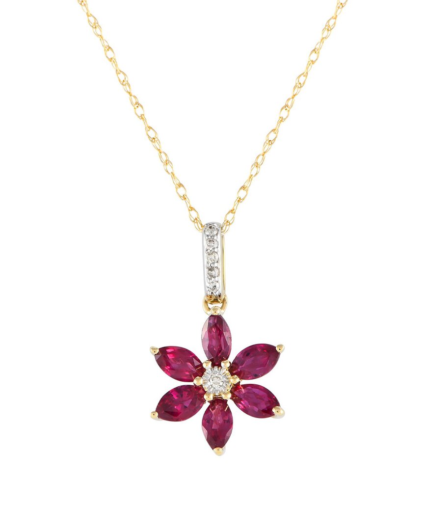 Gemstones 14k 0.01 Ct. Tw. Diamond & Ruby Flower Necklace In Gold