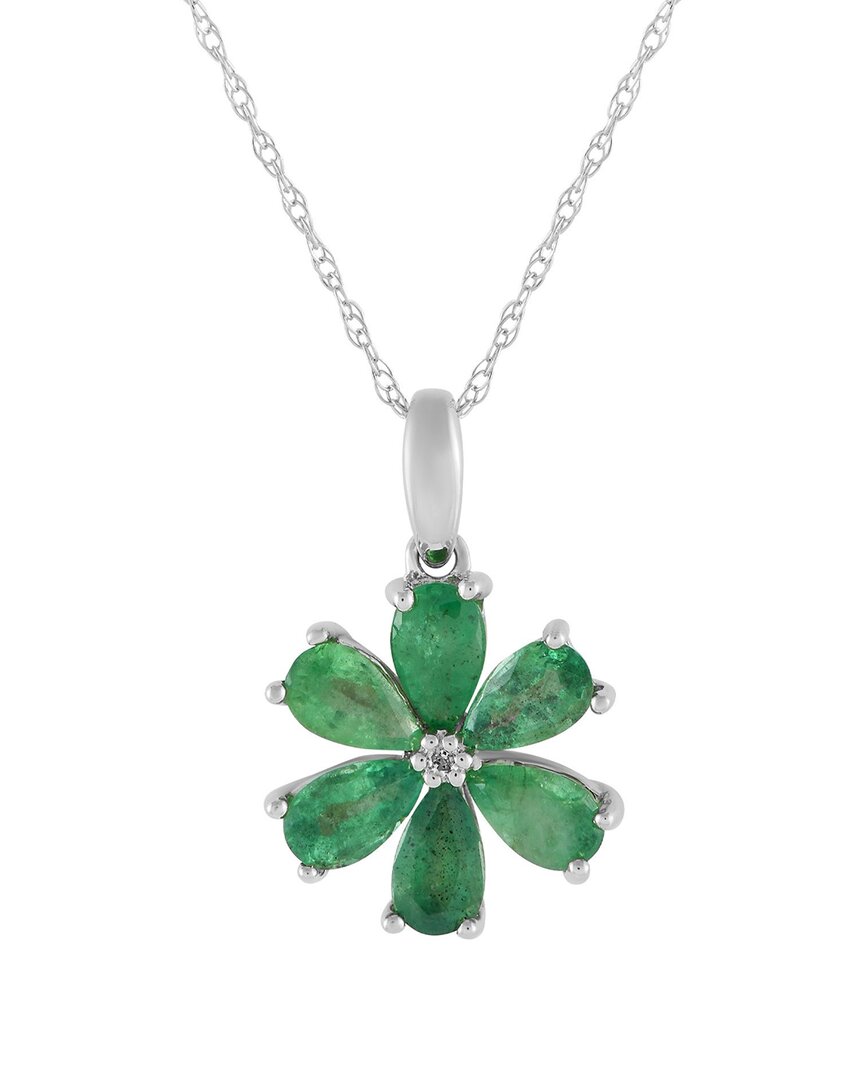 Gemstones 14k 0.01 Ct. Tw. Diamond & Emerald Flower Necklace In Metallic