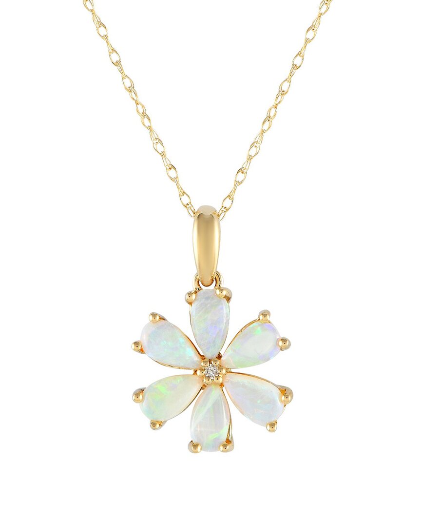 Gemstones 14k 0.01 Ct. Tw. Diamond & Opal Flower Necklace In Gold