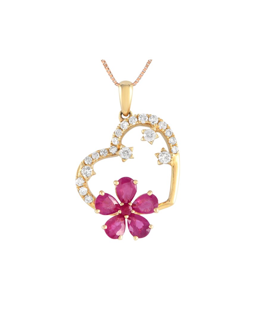 Gemstones 14k 0.20 Ct. Tw. Diamond & Ruby Heart & Flower Necklace In Gold