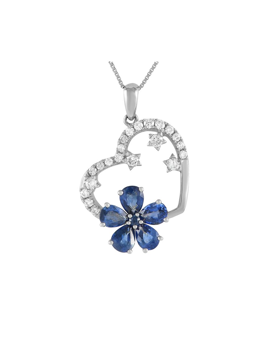 Gemstones 14k 0.20 Ct. Tw. Diamond & Sapphire Flower Pendant Necklace In White