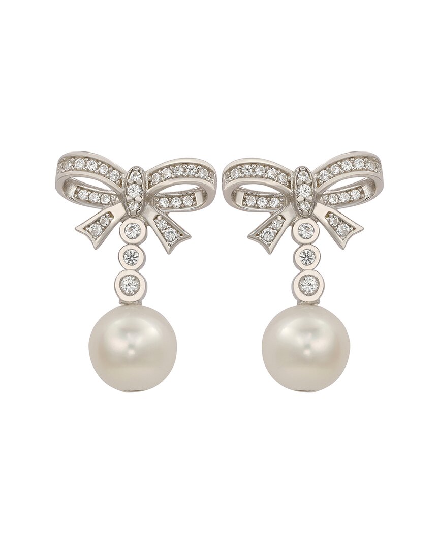 Suzy Levian Silver Created White Sapphire & 8mm Pearl Bow Earring In Metallic