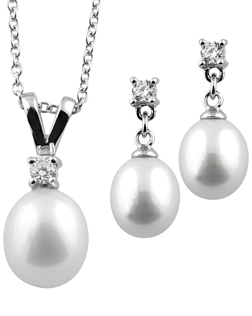 Splendid Pearls & Czs Silver 7-8mm Freshwater Pearl & Cz Earrings & Necklace Set