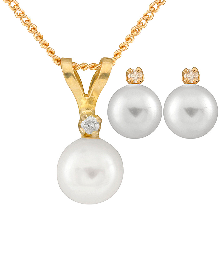 Splendid Pearls 14k 0.03 Ct. Tw. Diamond & 5-5.5mm Akoya Pearl Necklace & Earrings Set