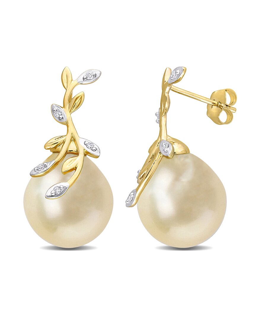 Rina Limor Contemporary Pearls 14k Diamond 12-12.5mm Pearl Leaf Earrings