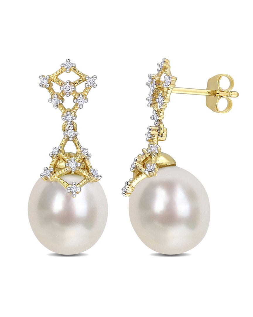 Rina Limor Contemporary Pearls 14k 0.14 Ct. Tw. Diamond 9-10mm Pearl Drop Earrings