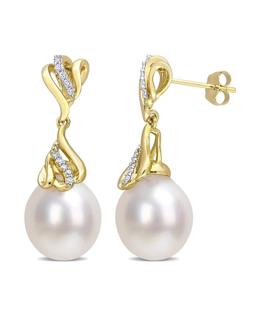 Rina Limor Contemporary Pearls 14k 0.12 Ct. Tw. Diamond 9-10mm Pearl Drop Earrings