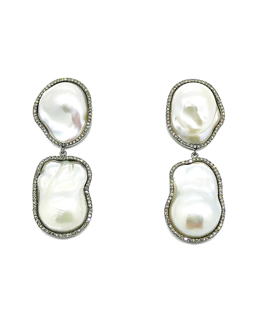 Arthur Marder Fine Jewelry Silver 2.50 Ct. Tw. Diamond & 10-20mm Pearl Earrings