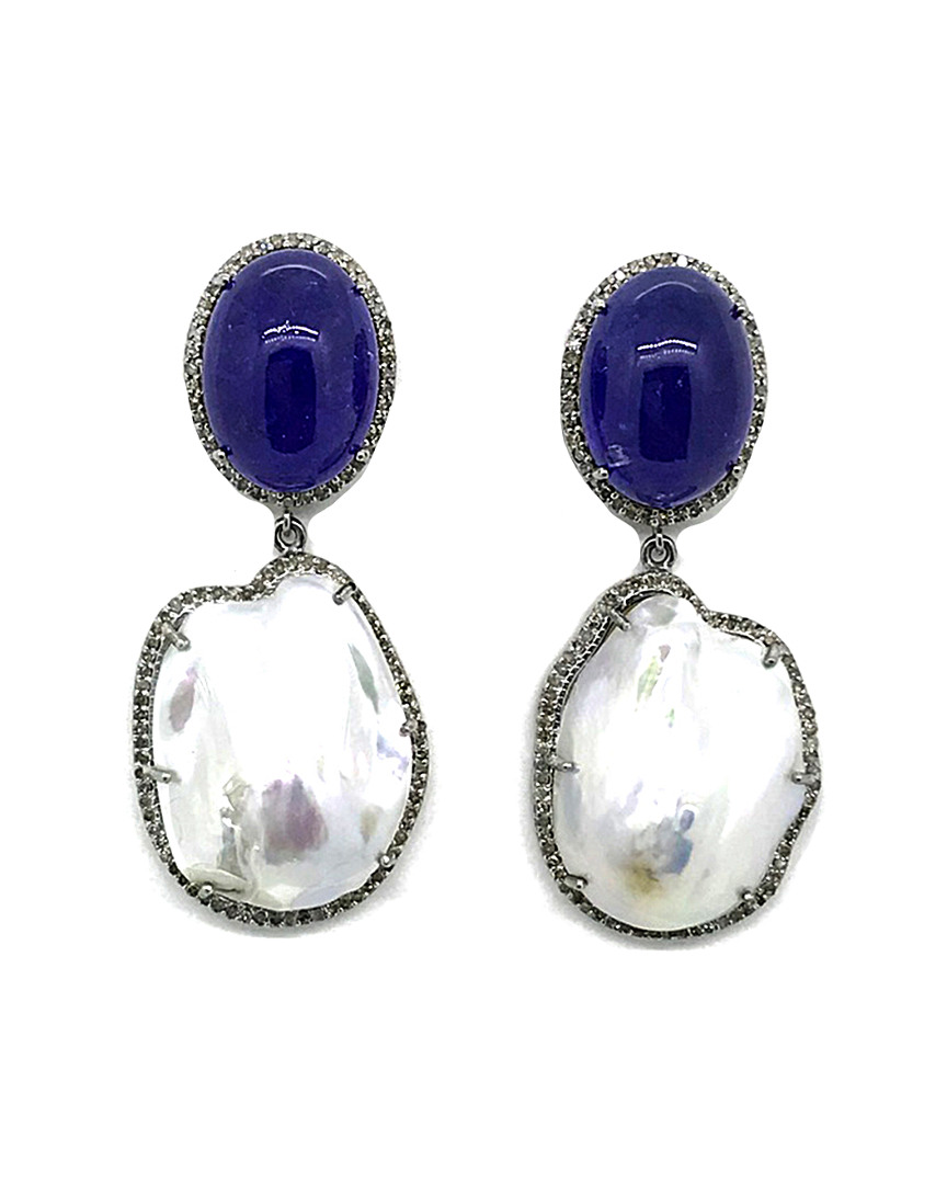 Arthur Marder Fine Jewelry Silver 1.40 Ct. Tw. Diamond, Tanzanite, & 19-25mm Pearl Earrings