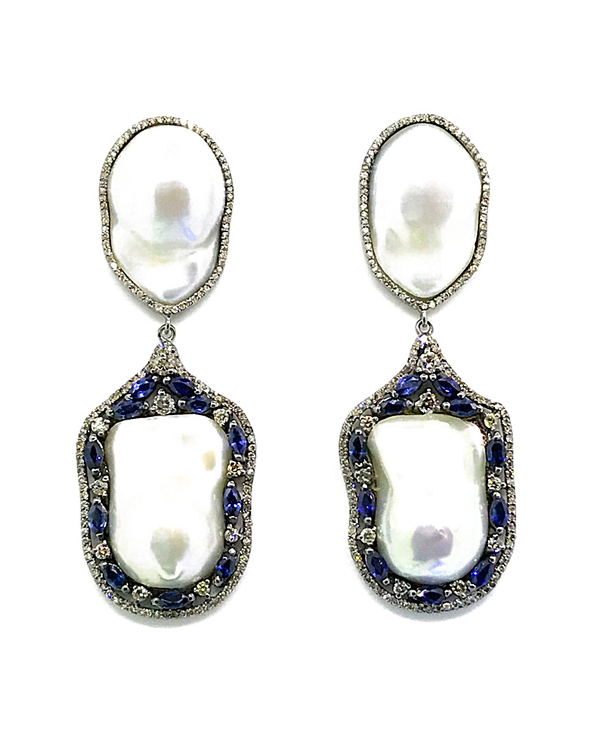 Arthur Marder Fine Jewelry 14k & Silver 4.15 Ct. Tw. Diamond, Sapphire, & 10-20mm Pearl Earrings