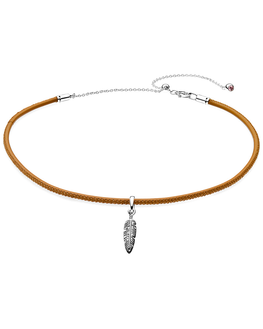 Pandora Silver & Golden Tan Leather Choker With Feather Charm Necklace In Nocolor