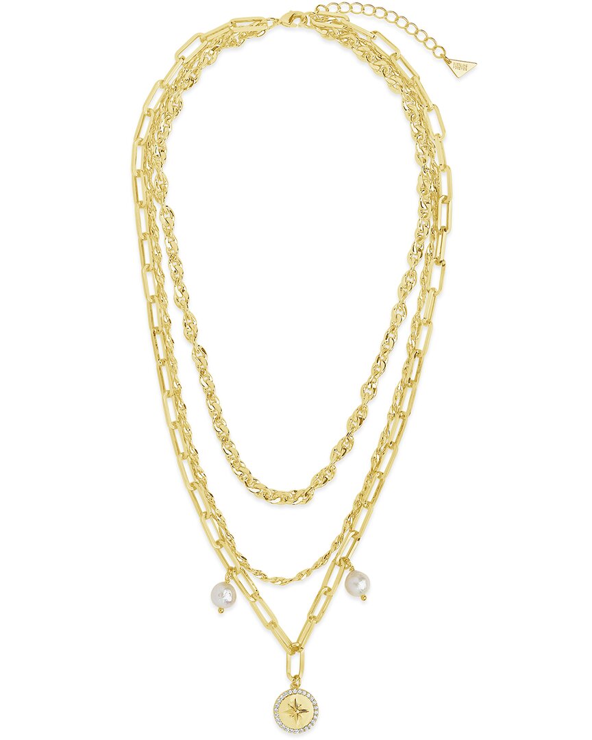 Sterling Forever Shine 14k Plated Pearl Navigator Layered Chain Necklace