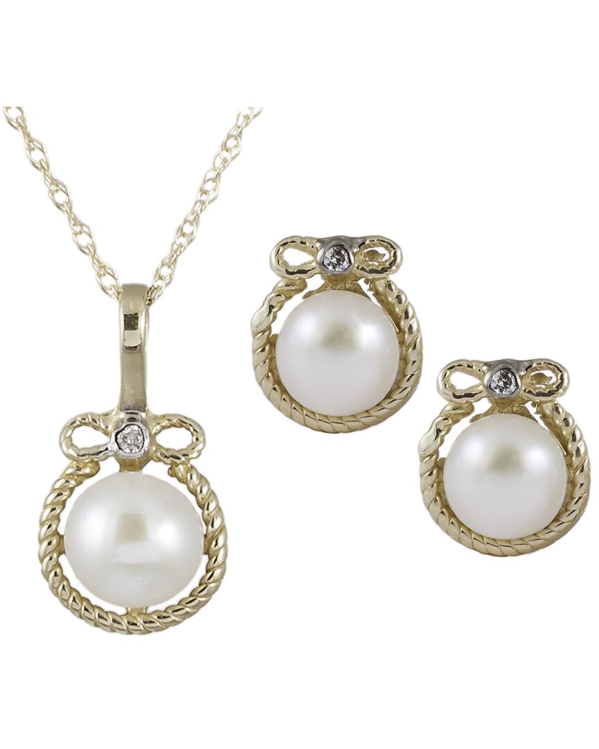 Splendid Pearls 14k 0.03 Ct. Tw. Diamond 7-8mm Pearl Necklace Set