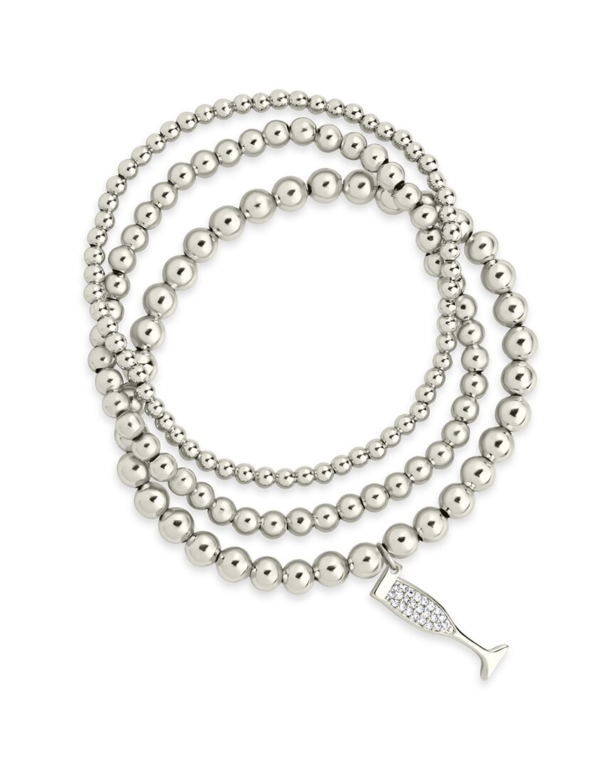 Sterling Forever Rhodium Plated Cz Champagne Flute Charm Stretch Bracelet