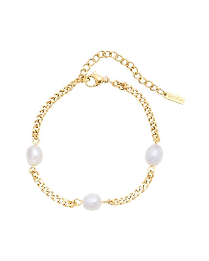 St. Moran 18k Plated 10mm Pearl Curb Chain Station Bracelet