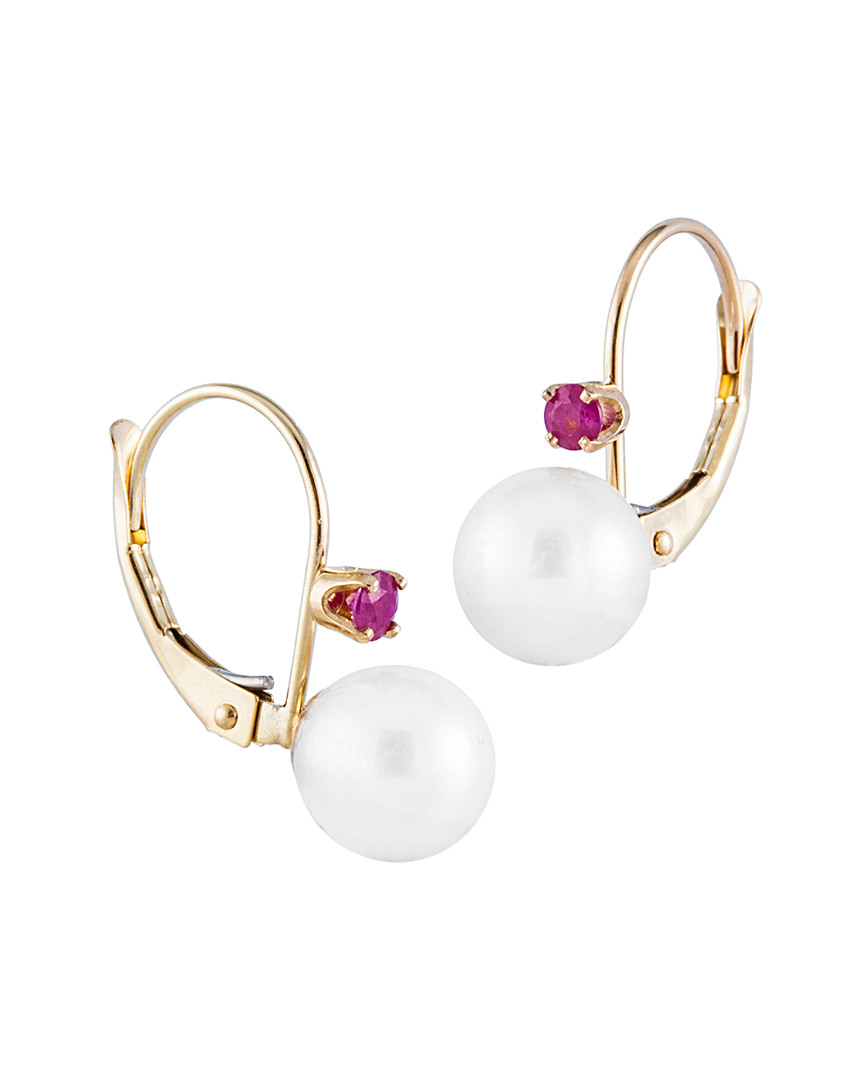 Splendid Pearls 14k 0.10 Ct. Tw. Ruby & 7-7.5mm Pearl Earrings