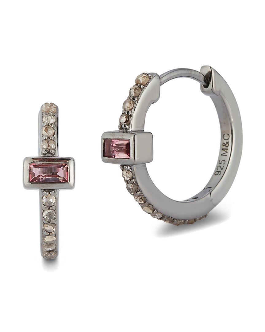 Banji Jewelry Silver 0.79 Ct. Tw. Diamond & Pink Tourmaline Huggie Earrings