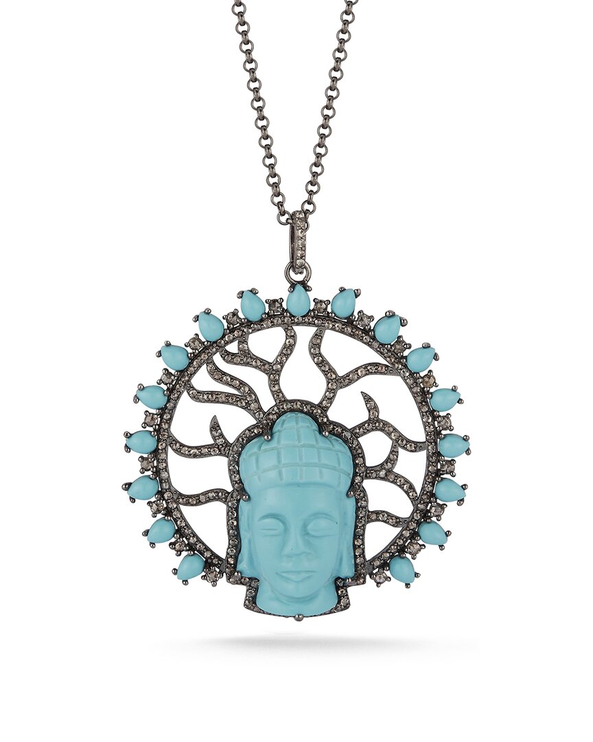 Banji Jewelry Silver 0.45 Ct. Tw. Diamond & Turquoise Buddha Necklace