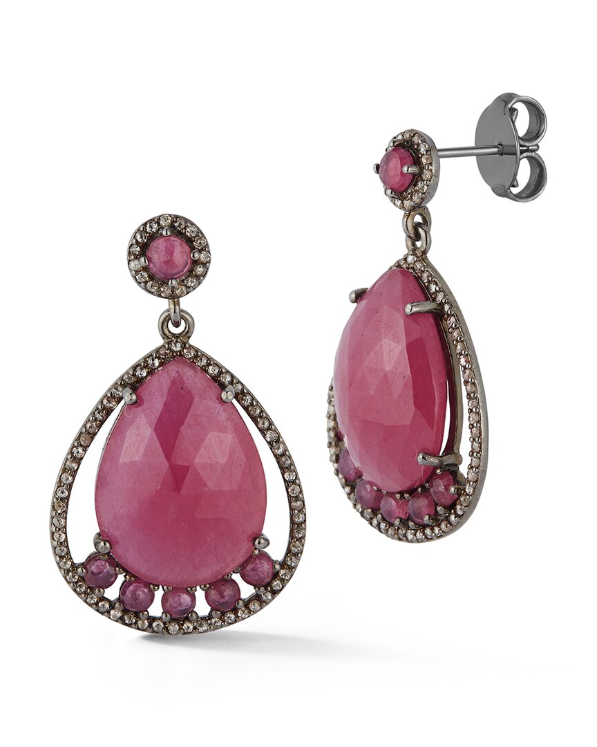 Banji Jewelry Silver 42.26 Ct. Tw. Diamond & Glass Filled Ruby Drop Earrings