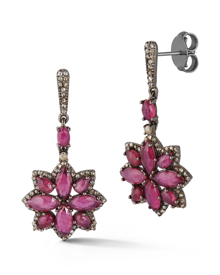 Banji Jewelry Silver 10.15 Ct. Tw. Diamond & Glass Filled Ruby Drop Earrings