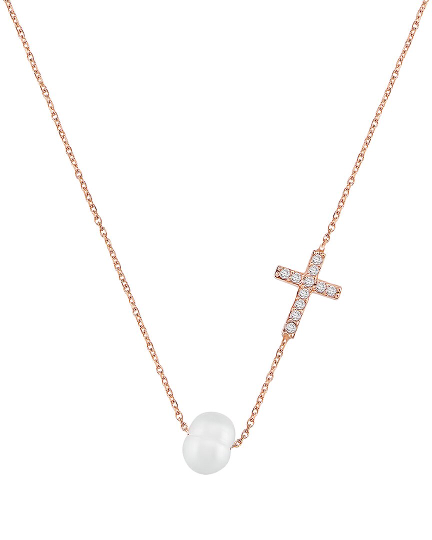 Gabi Rielle Love In Bloom 22k Rose Gold Over Silver 5mm Pearl Cz Cross Pendant Necklace