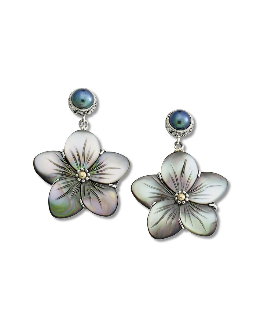 Samuel B. 18k Over Silver 6mm Pearl Flower Earrings In Green