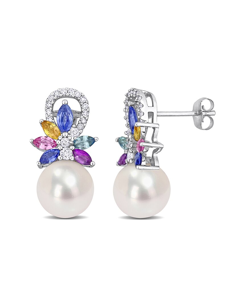 Rina Limor 14k 1.83 Ct. Tw. Diamond & Sapphire 8.5-9mm Pearl Flower Drop Earrings