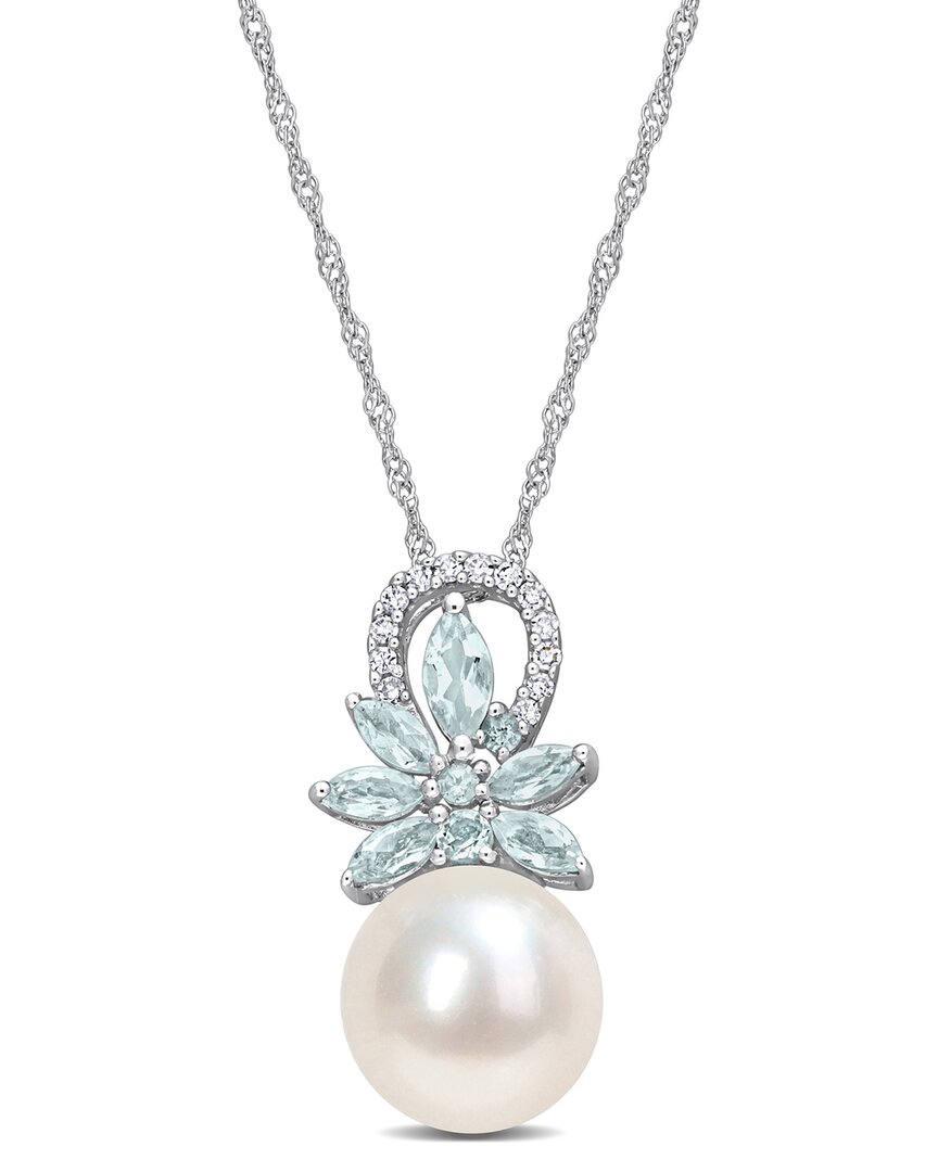 Rina Limor 14k 0.67 Ct. Tw. Diamond & Aquamarine 9.5-10mm Pearl Flower Pendant Necklace