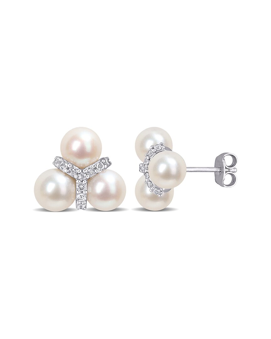 Rina Limor Silver 0.20 Ct. Tw. White Topaz 6-6.5mm Pearl Floral Studs